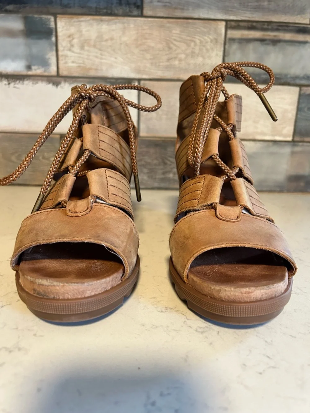 Sorel Joanie II Lace Up Wedge Sandals Tan Brown Waterproof Leather - Picture 10 of 16